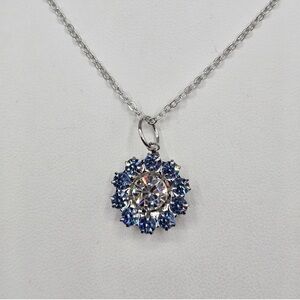 Flower Necklace Made with Swarovski Crystals Lt Sapphire Blue Silver